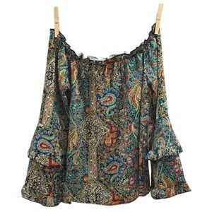 Paisley Green Off Shoulder Blouse Medium Bohemian